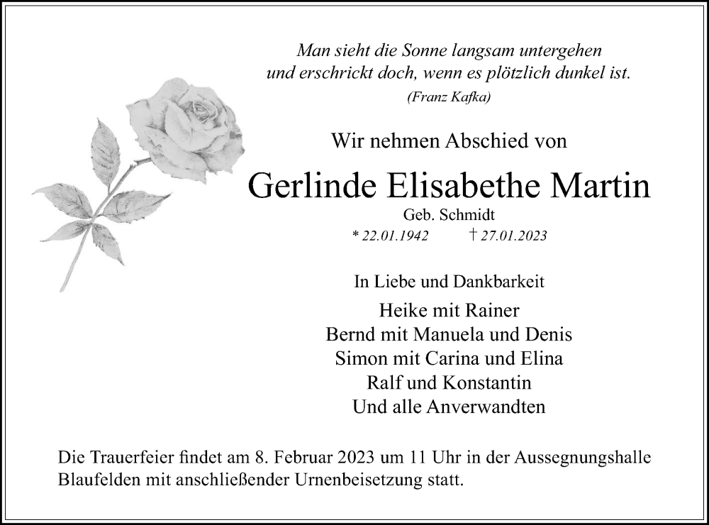  Traueranzeige für Gerlinde Elisabethe Martin vom 04.02.2023 aus Hohenloher Tagblatt