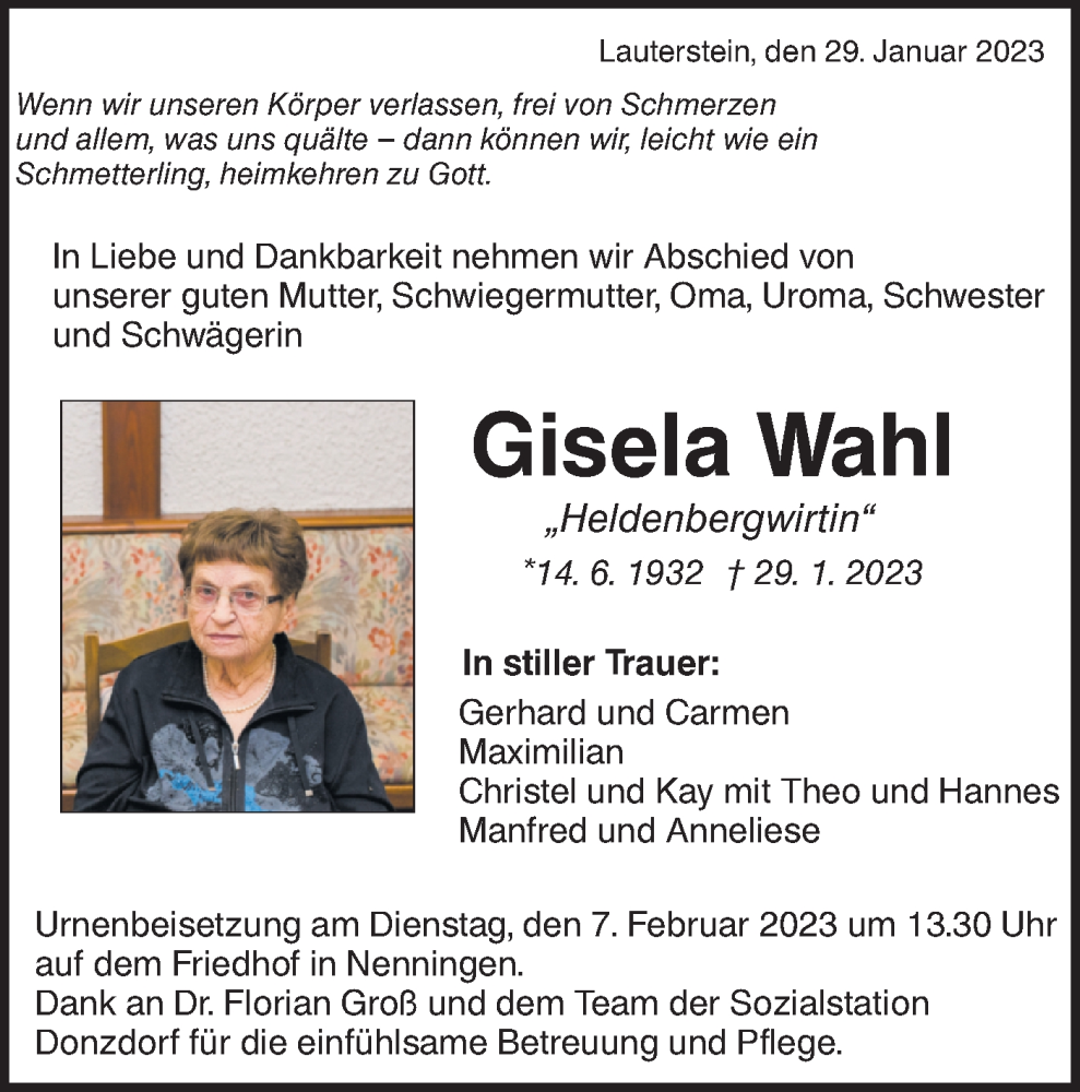  Traueranzeige für Gisela Wahl vom 04.02.2023 aus NWZ Neue Württembergische Zeitung