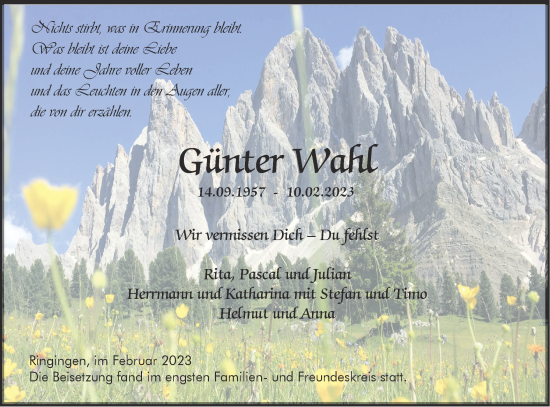 Traueranzeige von Günter Wahl von Metzinger-Uracher Volksblatt