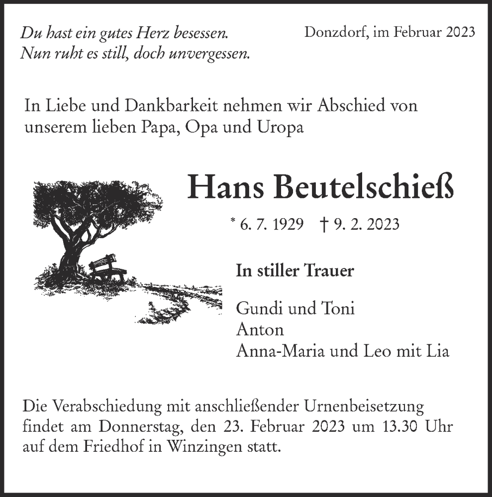  Traueranzeige für Hans Beutelschieß vom 15.02.2023 aus NWZ Neue Württembergische Zeitung