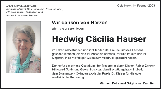 Traueranzeige von Hedwig Cäcilia Hauser von Metzinger-Uracher Volksblatt