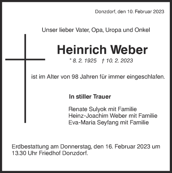 Traueranzeige von Heinrich Weber von NWZ Neue Württembergische Zeitung