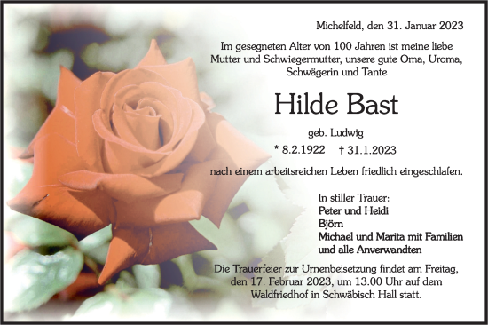 Traueranzeige von Hilde Bast von Haller Tagblatt