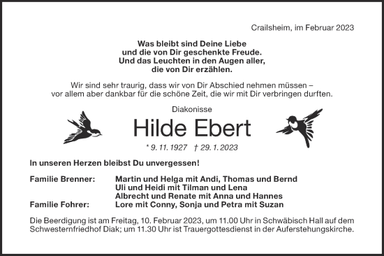 Traueranzeige von Hilde Ebert von Hohenloher Tagblatt