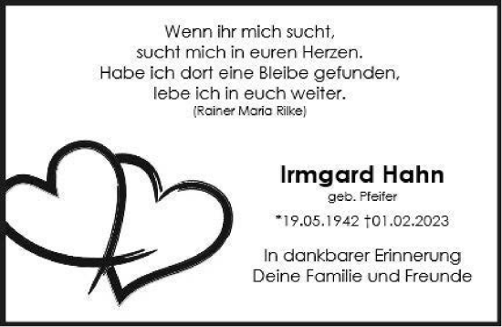 Traueranzeige von Irmgard Hahn von Geislinger Zeitung