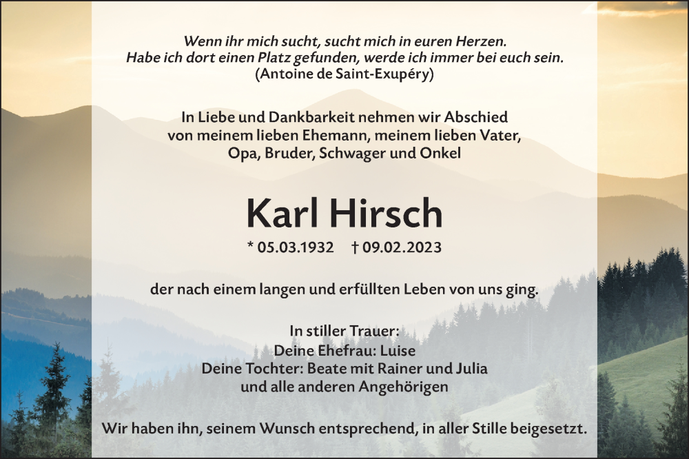  Traueranzeige für Karl Hirsch vom 15.02.2023 aus Haller Tagblatt