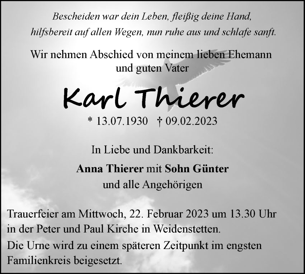  Traueranzeige für Karl Thierer vom 18.02.2023 aus SÜDWEST PRESSE Ausgabe Ulm/Neu-Ulm