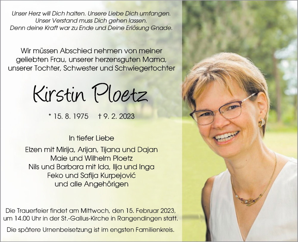  Traueranzeige für Kirstin Ploetz vom 11.02.2023 aus Metzinger-Uracher Volksblatt