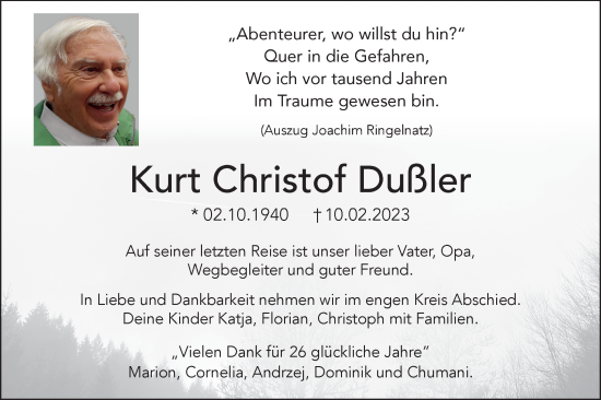 Traueranzeige von Kurt Christof Dußler von SÜDWEST PRESSE Ausgabe Ulm/Neu-Ulm