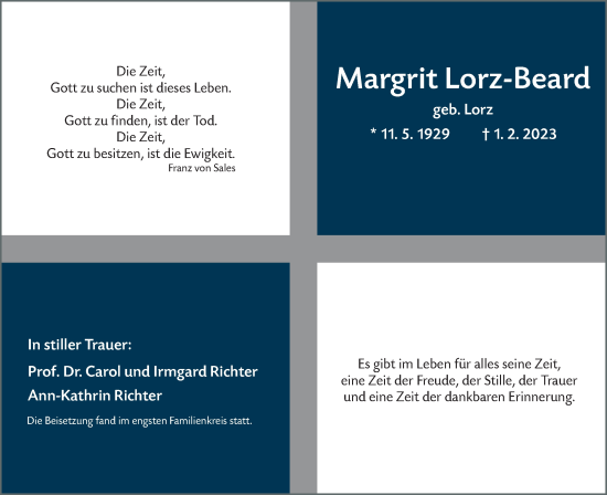 Traueranzeige von Margrit Lorz-Beard von SÜDWEST PRESSE Ausgabe Ulm/Neu-Ulm