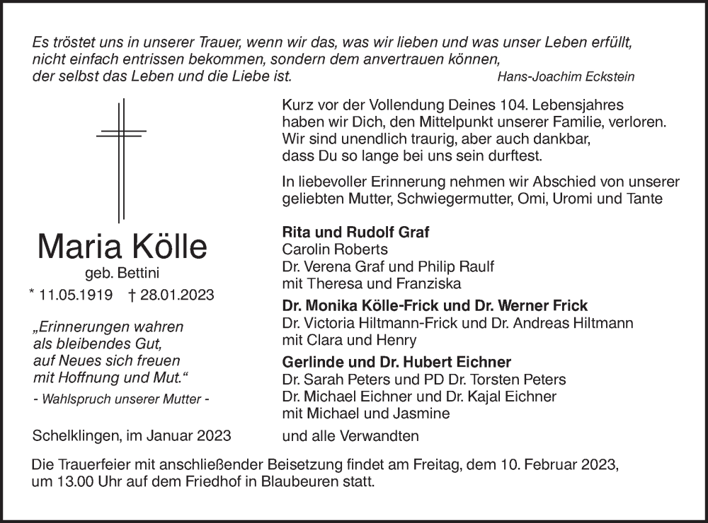  Traueranzeige für Maria Kölle vom 03.02.2023 aus SÜDWEST PRESSE Ausgabe Ulm/Neu-Ulm