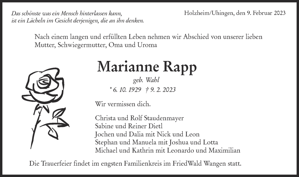  Traueranzeige für Marianne Rapp vom 15.02.2023 aus NWZ Neue Württembergische Zeitung