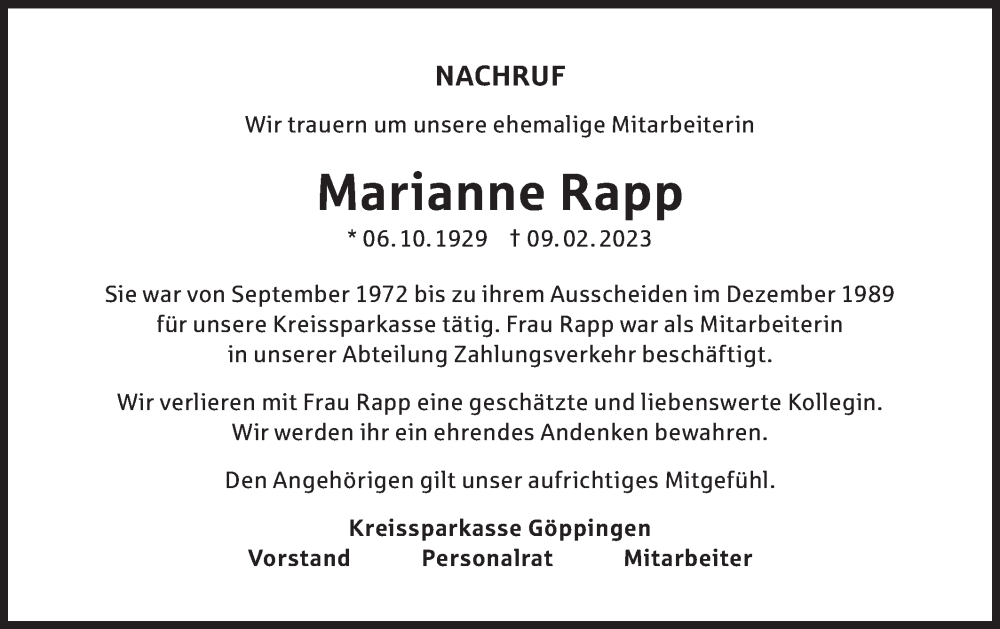  Traueranzeige für Marianne Rapp vom 28.02.2023 aus NWZ Neue Württembergische Zeitung/Geislinger Zeitung