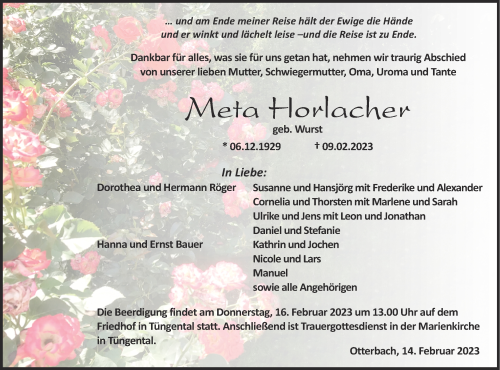  Traueranzeige für Meta Horlacher vom 14.02.2023 aus Haller Tagblatt