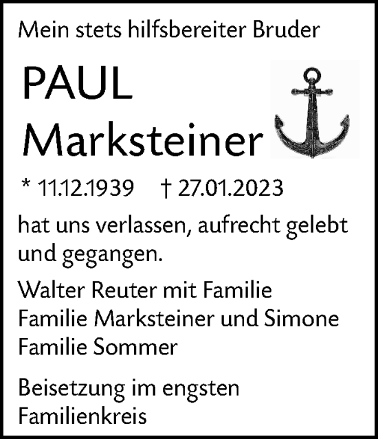 Traueranzeige von Paul Marksteiner von SÜDWEST PRESSE Ausgabe Ulm/Neu-Ulm