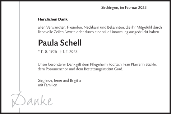 Traueranzeige von Paula Schell von Metzinger-Uracher Volksblatt