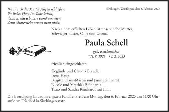 Traueranzeige von Paula Schell von Metzinger-Uracher Volksblatt