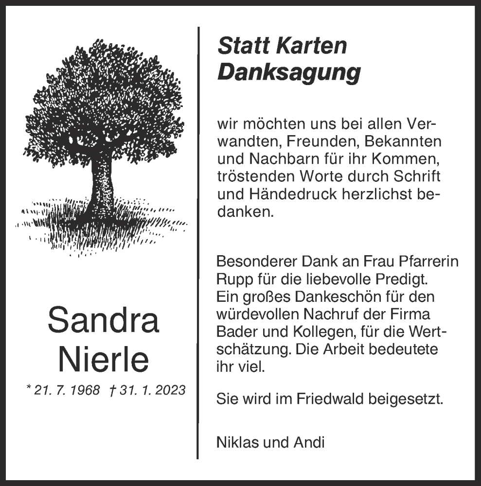  Traueranzeige für Sandra Nierle vom 15.02.2023 aus NWZ Neue Württembergische Zeitung