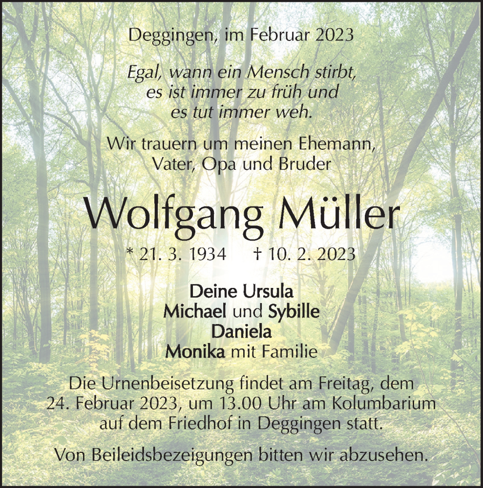  Traueranzeige für Wolfgang Müller vom 17.02.2023 aus NWZ Neue Württembergische Zeitung