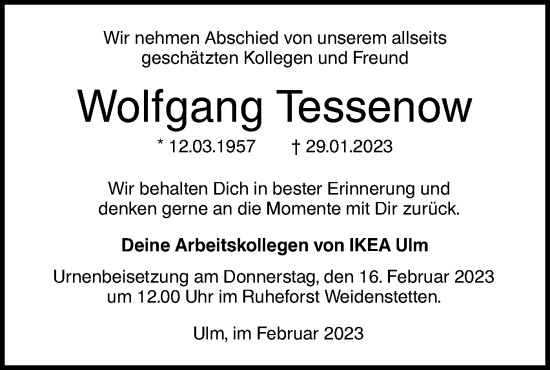 Traueranzeige von Wolfgang Tessenow von SÜDWEST PRESSE Ausgabe Ulm/Neu-Ulm