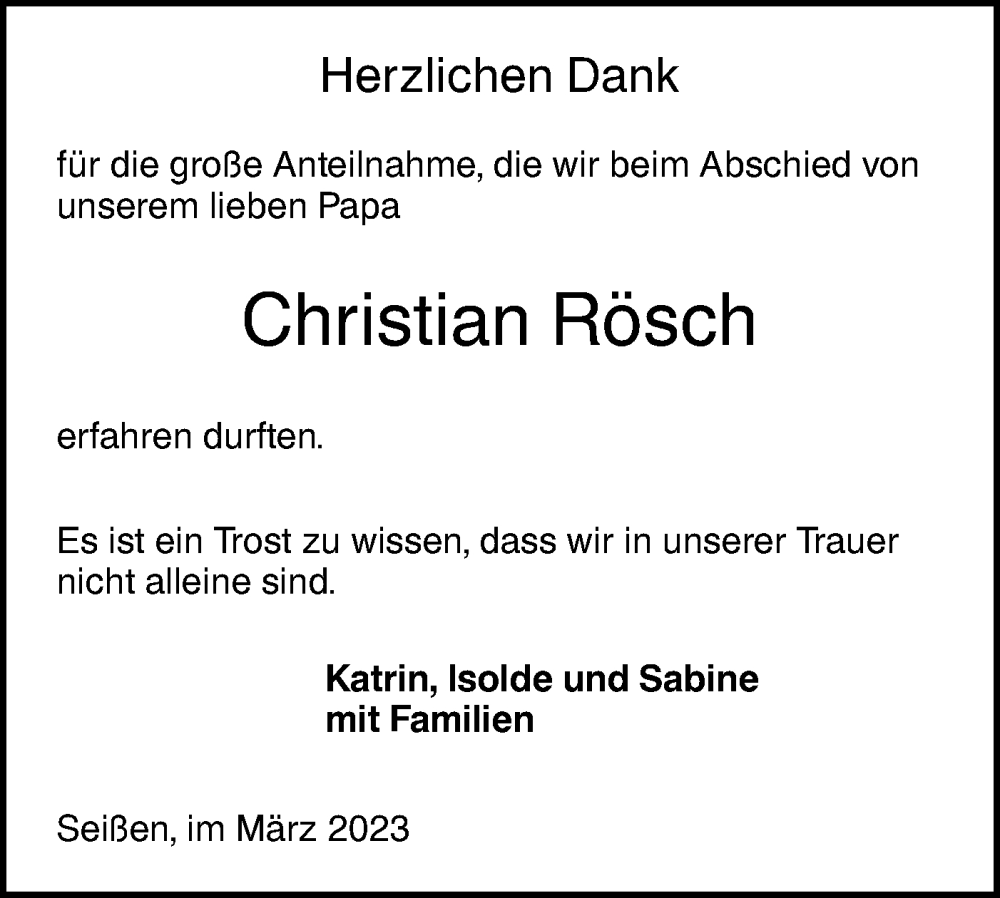  Traueranzeige für Christian Rösch vom 03.03.2023 aus SÜDWEST PRESSE