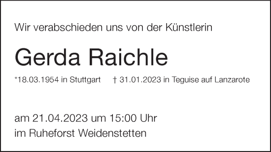 Traueranzeige von Gerda Raichle von SÜDWEST PRESSE Ausgabe Ulm/Neu-Ulm