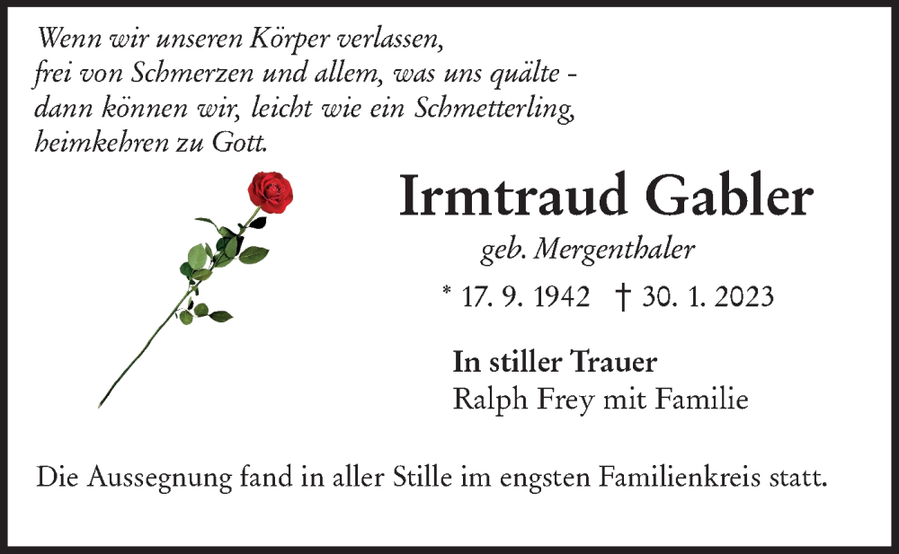  Traueranzeige für Irmtraud Gabler vom 06.03.2023 aus NWZ Neue Württembergische Zeitung