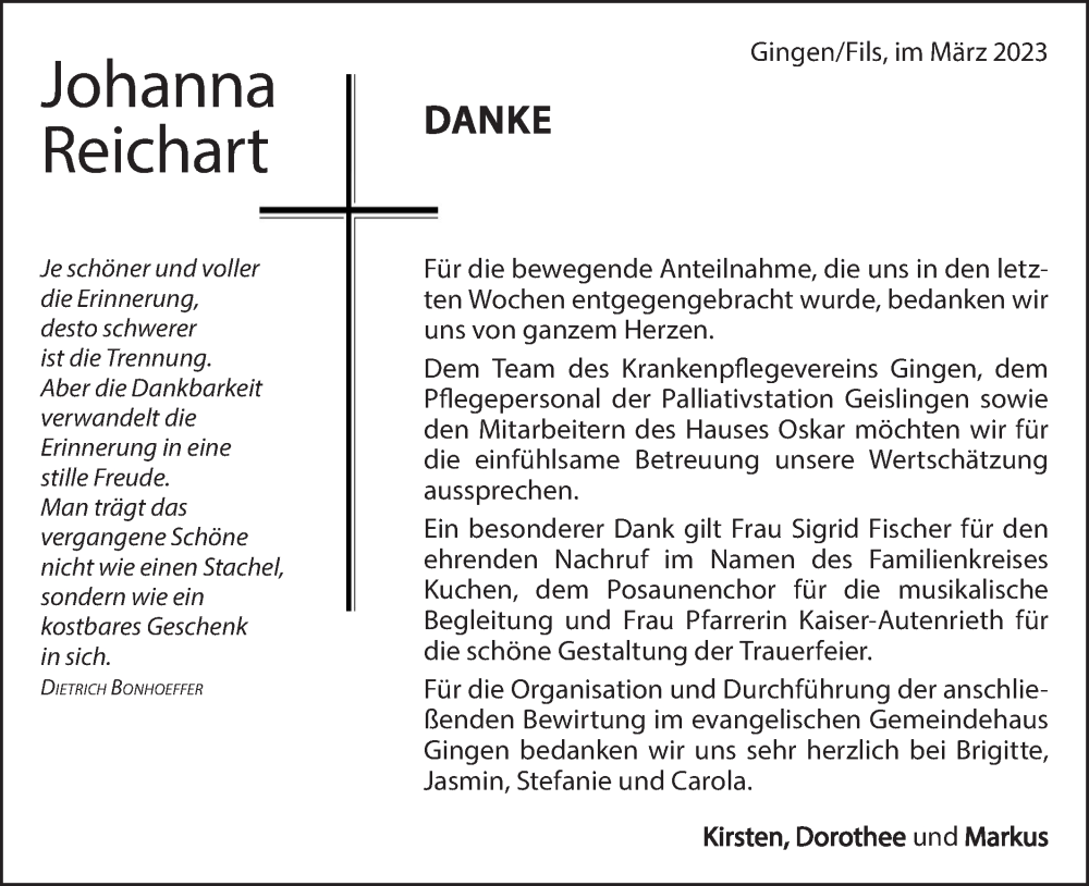  Traueranzeige für Johanna Reichart vom 15.03.2023 aus Geislinger Zeitung