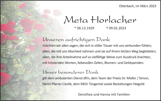 Traueranzeige von Meta Horlacher von Haller Tagblatt
