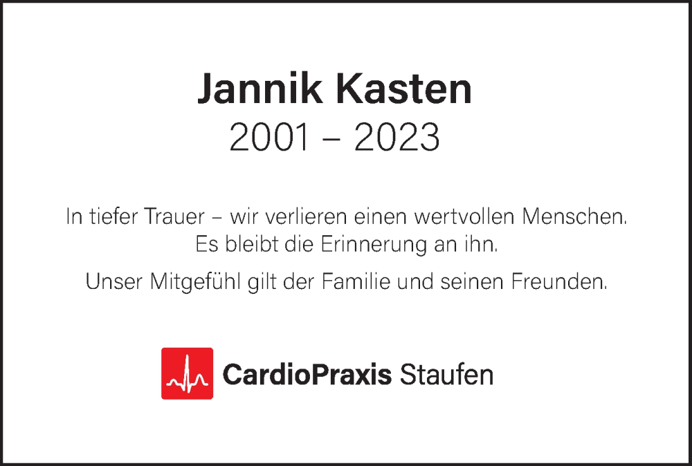  Traueranzeige für Jannik Kasten vom 06.05.2023 aus NWZ Neue Württembergische Zeitung