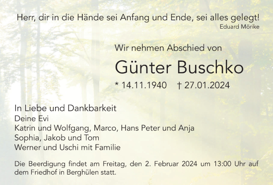 Traueranzeige von Günter Buschko von SÜDWEST PRESSE Ausgabe Ulm/Neu-Ulm