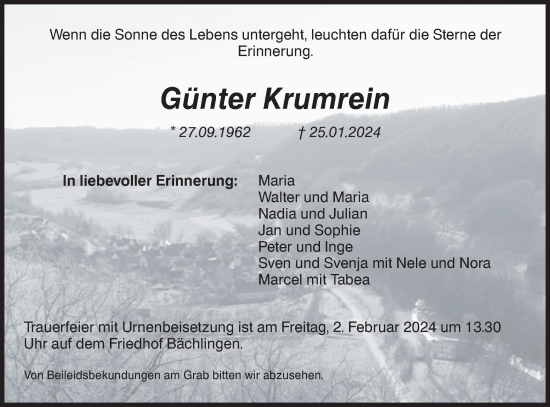 Traueranzeige von Günter Krumrein von Hohenloher Tagblatt