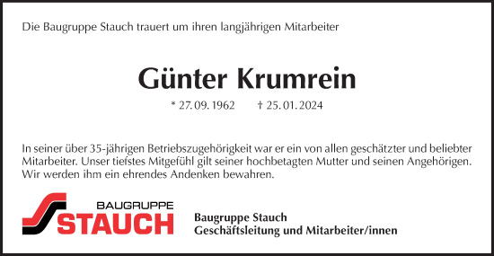 Traueranzeige von Günter Krumrein von Hohenloher Tagblatt
