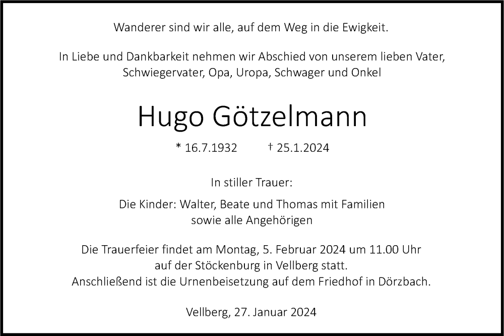  Traueranzeige für Hugo Götzelmann vom 27.01.2024 aus Haller Tagblatt