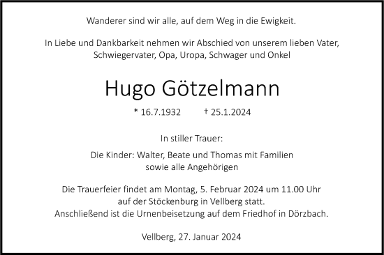 Traueranzeige von Hugo Götzelmann von Haller Tagblatt