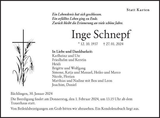 Traueranzeige von Inge Schnepf von Hohenloher Tagblatt