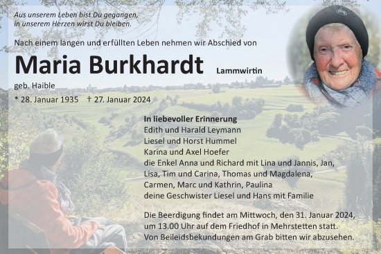Traueranzeige von Maria Burkhardt von Alb-Bote/Metzinger-Uracher Volksblatt