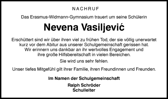Traueranzeige von Nevena Vasiljevic von Haller Tagblatt