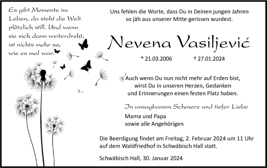Traueranzeige von Nevena Vasiljevic von Haller Tagblatt