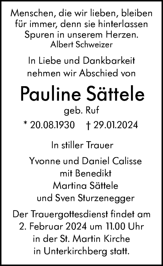 Traueranzeige von Pauline Sättele von SÜDWEST PRESSE Ausgabe Ulm/Neu-Ulm