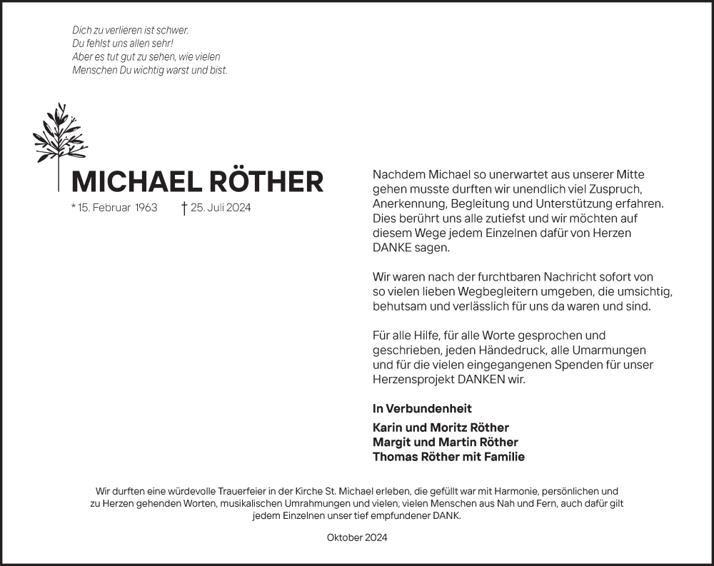  Traueranzeige für Michael Röther vom 19.10.2024 aus Haller Tagblatt/Rundschau Gaildorf/Hohenloher Tagblatt