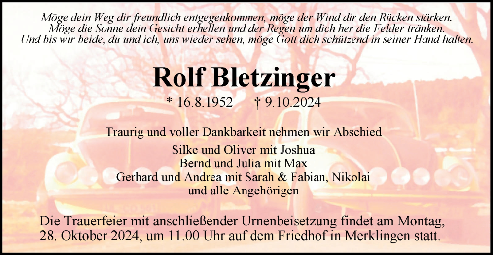  Traueranzeige für Rolf Bletzinger vom 23.10.2024 aus SÜDWEST PRESSE Ausgabe Ulm/Neu-Ulm