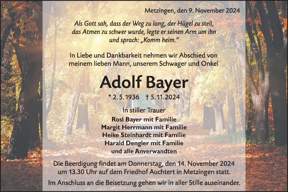  Traueranzeige für Adolf Bayer vom 09.11.2024 aus Neckar-Chronik