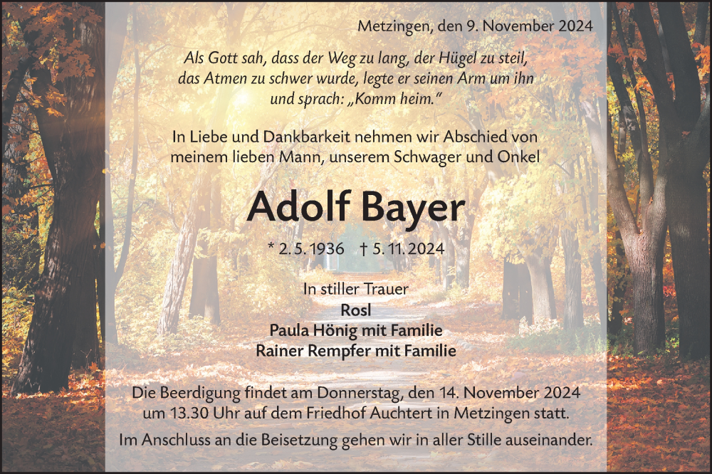 Traueranzeige für Adolf Bayer vom 09.11.2024 aus Alb-Bote/Metzinger-Uracher Volksblatt