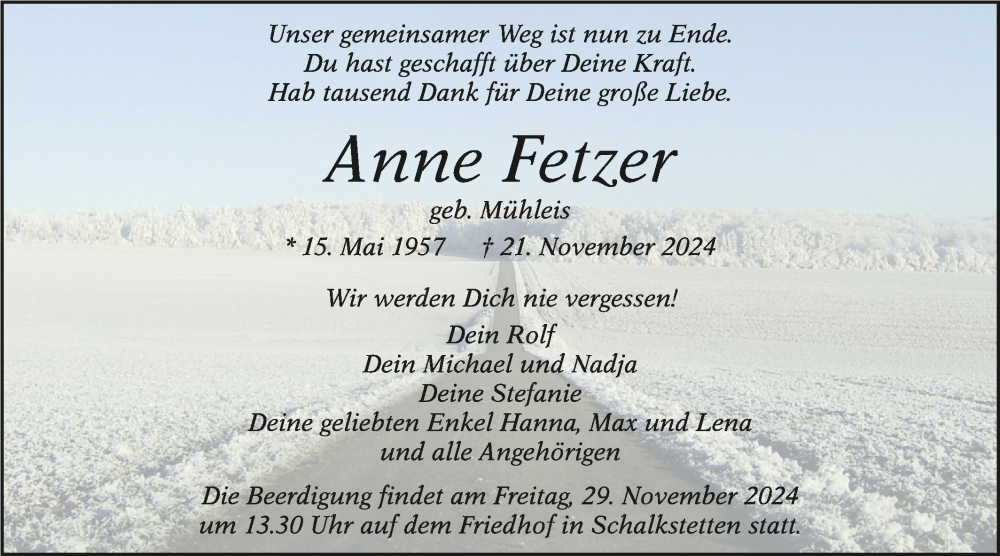  Traueranzeige für Anne Fetzer vom 27.11.2024 aus NWZ Neue Württembergische Zeitung/Geislinger Zeitung