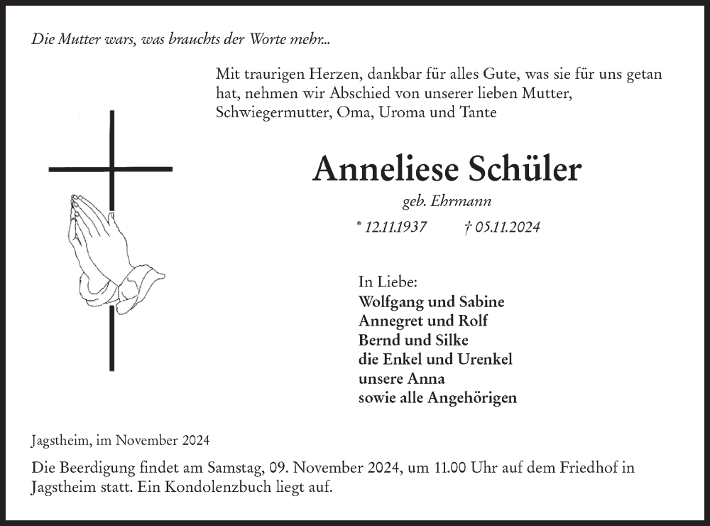  Traueranzeige für Anneliese Schüler vom 07.11.2024 aus Hohenloher Tagblatt