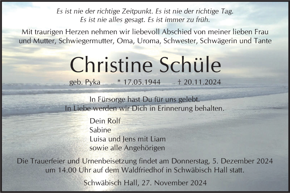  Traueranzeige für Christine Schüle vom 27.11.2024 aus Haller Tagblatt