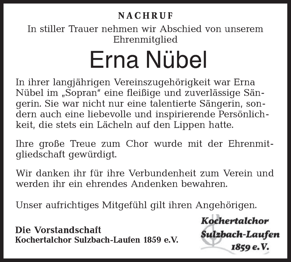  Traueranzeige für Erna Nübel vom 28.11.2024 aus Rundschau Gaildorf