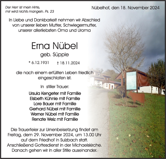 Traueranzeige von Erna Nübel von Rundschau Gaildorf