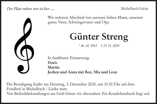Traueranzeige von Günter Streng von Hohenloher Tagblatt